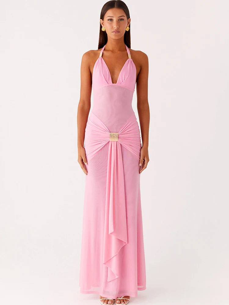 Pink evening gown with a gold belt on a white background