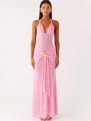 Pink evening gown with a gold belt on a white background