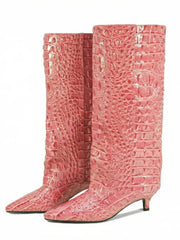 Pink kitten heel crocodile pattern knee high boots