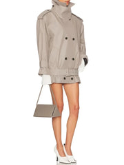 Grey Turn Down Collar Belted Short Trech Coat