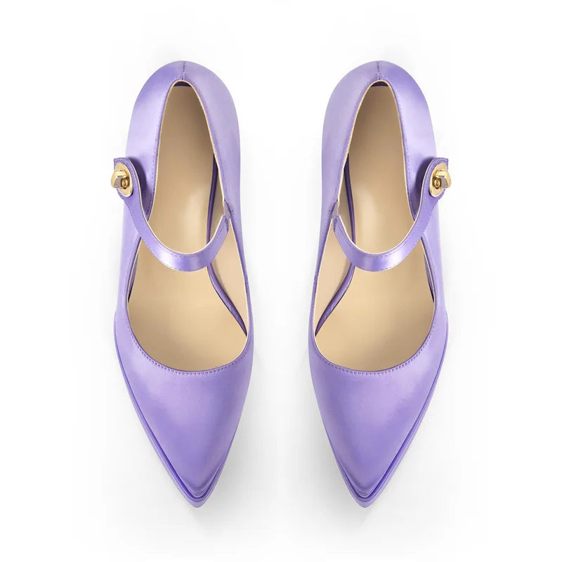 Top view of purple satin pointed toe Mary Jane heels with gold buckle detail