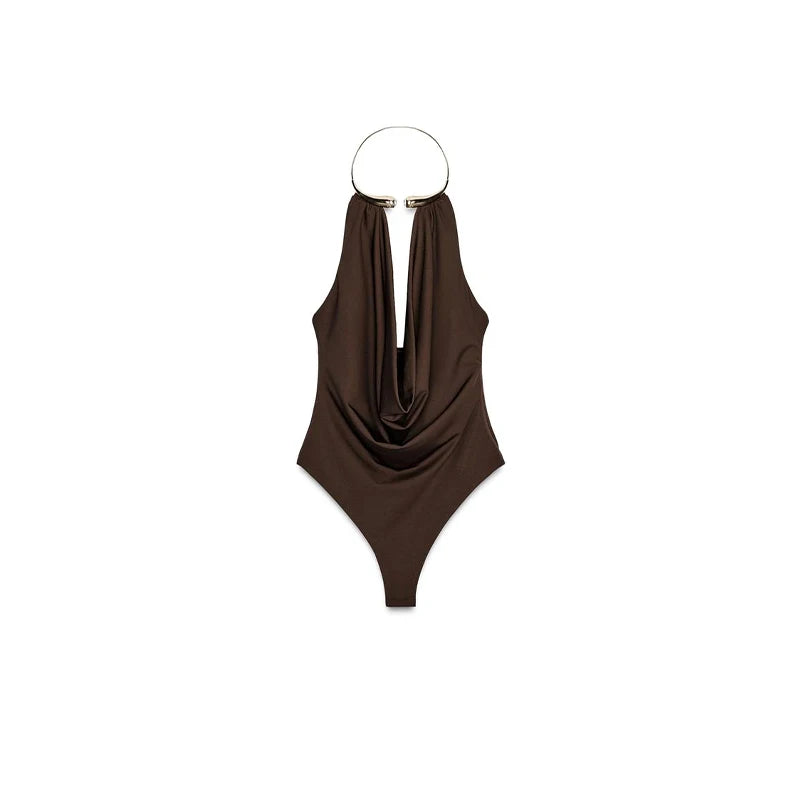 Brown swimsuit with a unique design on a white background