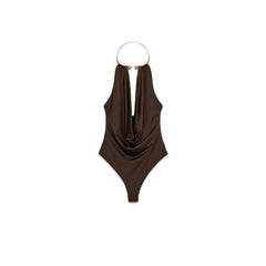 Brown swimsuit with a unique design on a white background