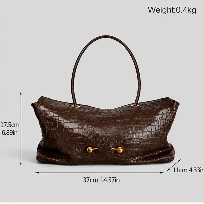 Crocodile embossed leather shoulder bag with dimensions