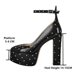 Side profile of black studded platform chunky heel pump with measurements