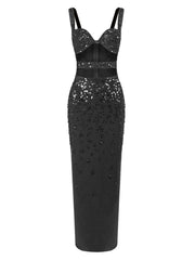 Black sequin dress on a white background