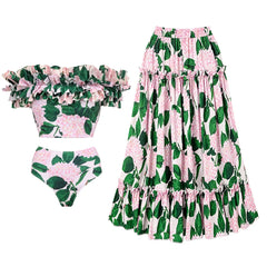 Pink hydrangea print ruffled off-the-shoulder top and high-waisted bottoms swimwear set