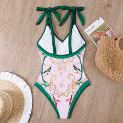Tie-Strap V-Neck One-Piece Swimsuit with Matching Sarong Set