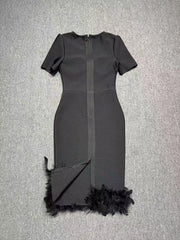 Elegant Black Midi Dress with Pearl Neckline & Feather Hem