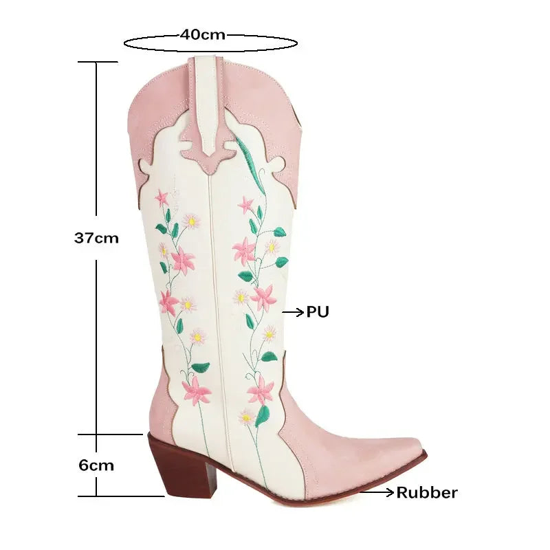 Measurement chart of a pink cowboy boot with floral design, showing dimensions and material labels.