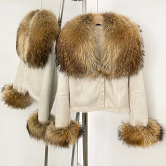 Real Fur Collar & Cuffs Suede Cropped Jacket