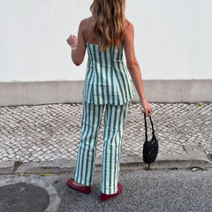 Green and white striped sleeveless top with lace-up back view