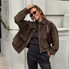 Faux leather patch pocket bomber jacket