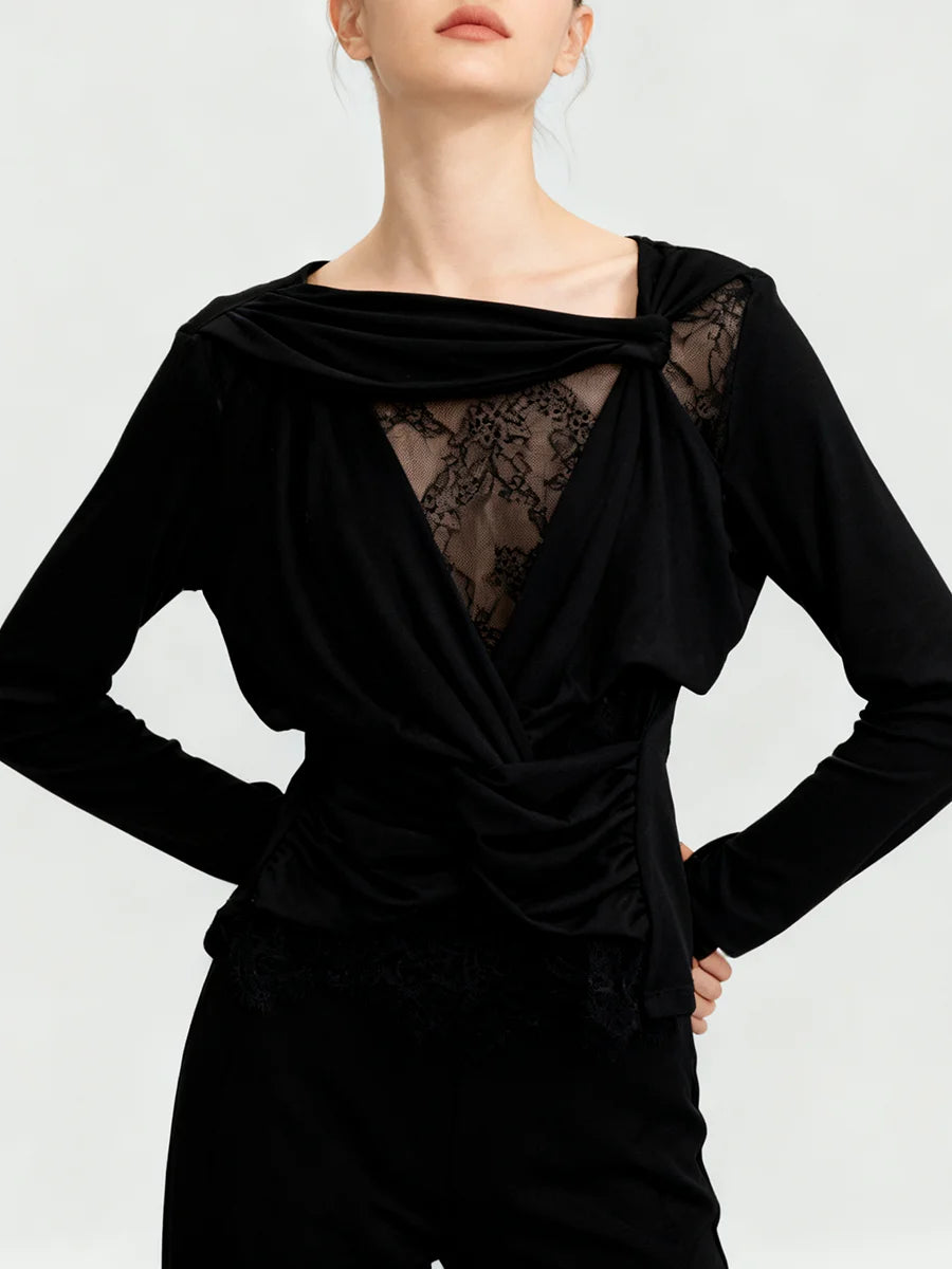 Black long-sleeve top with lace detailing on a white background