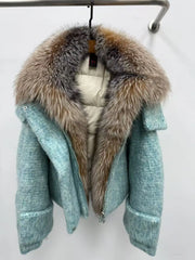 Teal coat with a fur collar on a white background