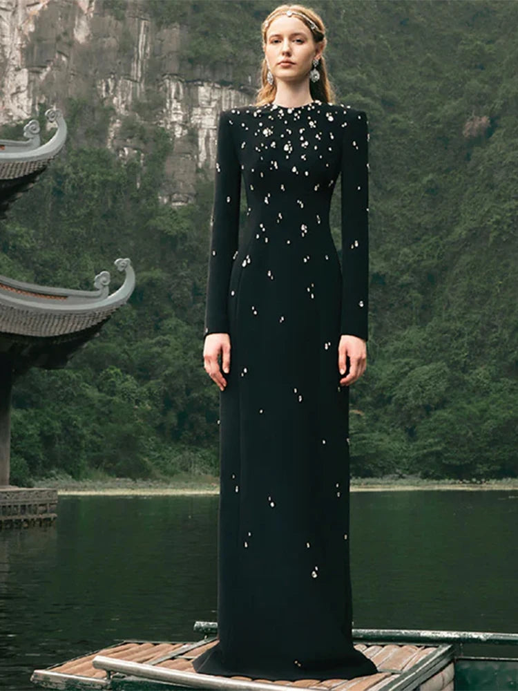 Black long sleeve maxi dress with all-over rhinestone embellishments