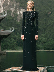 Black long sleeve maxi dress with all-over rhinestone embellishments