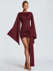 Burgundy draped sleeve ruched mini dress