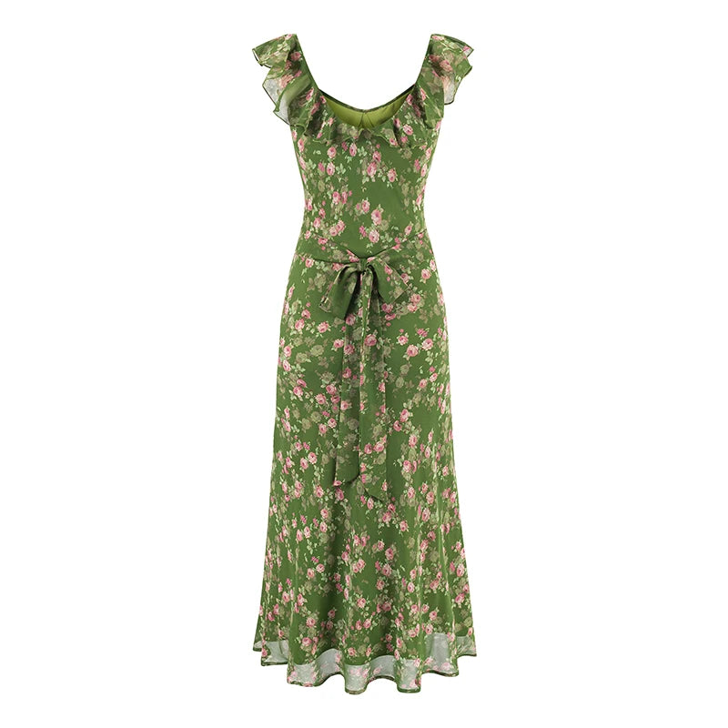 Ruffle V-neck sleeveless midi dress back view with tie detail