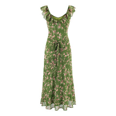 Ruffle V-neck sleeveless midi dress back view with tie detail