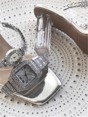 Silver Rhinestone PVC Heels | Watch Strap Crystal Sandals