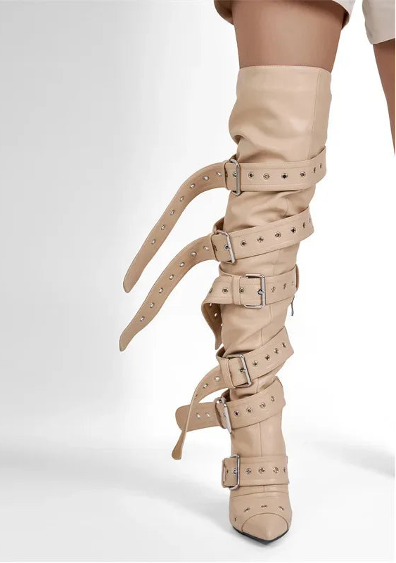 Beige knee-high boot with multiple straps on a white background