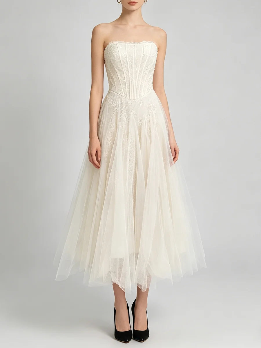 White strapless lace corset midi dress