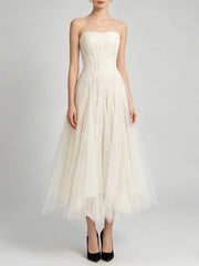 White strapless lace corset midi dress