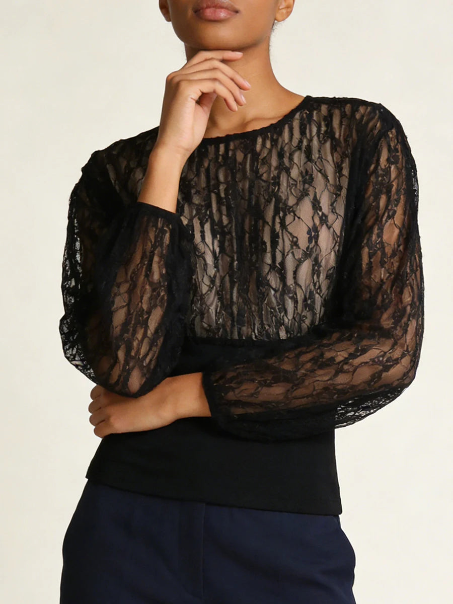 Black lace long sleeve top with round neckline