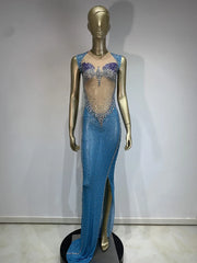 Blue Rhinestone Mesh Column Dress