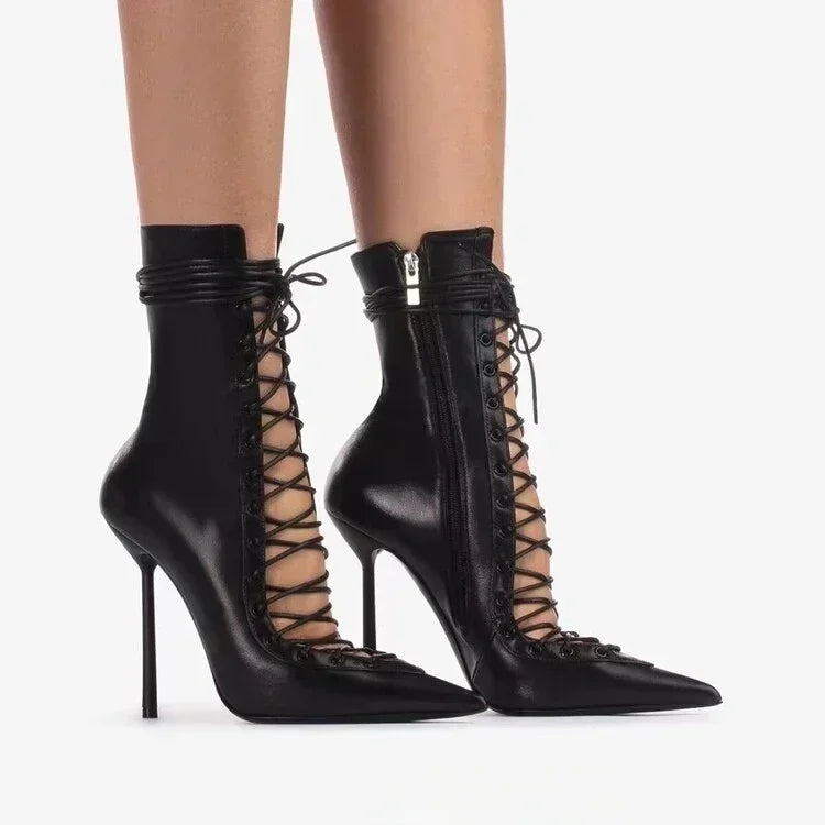 Black leather lace up ankle boots with stiletto heel