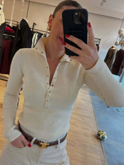 High-Neck Button-Up Ribbed Knit Top