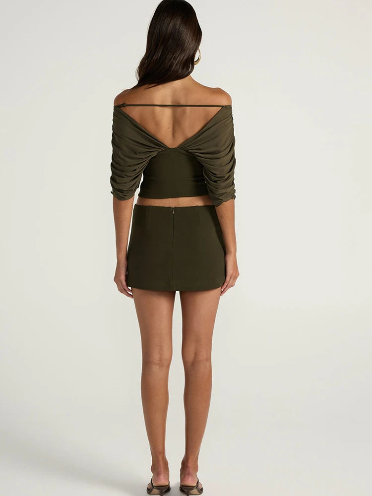 Off shoulder gathered knit crop top back view