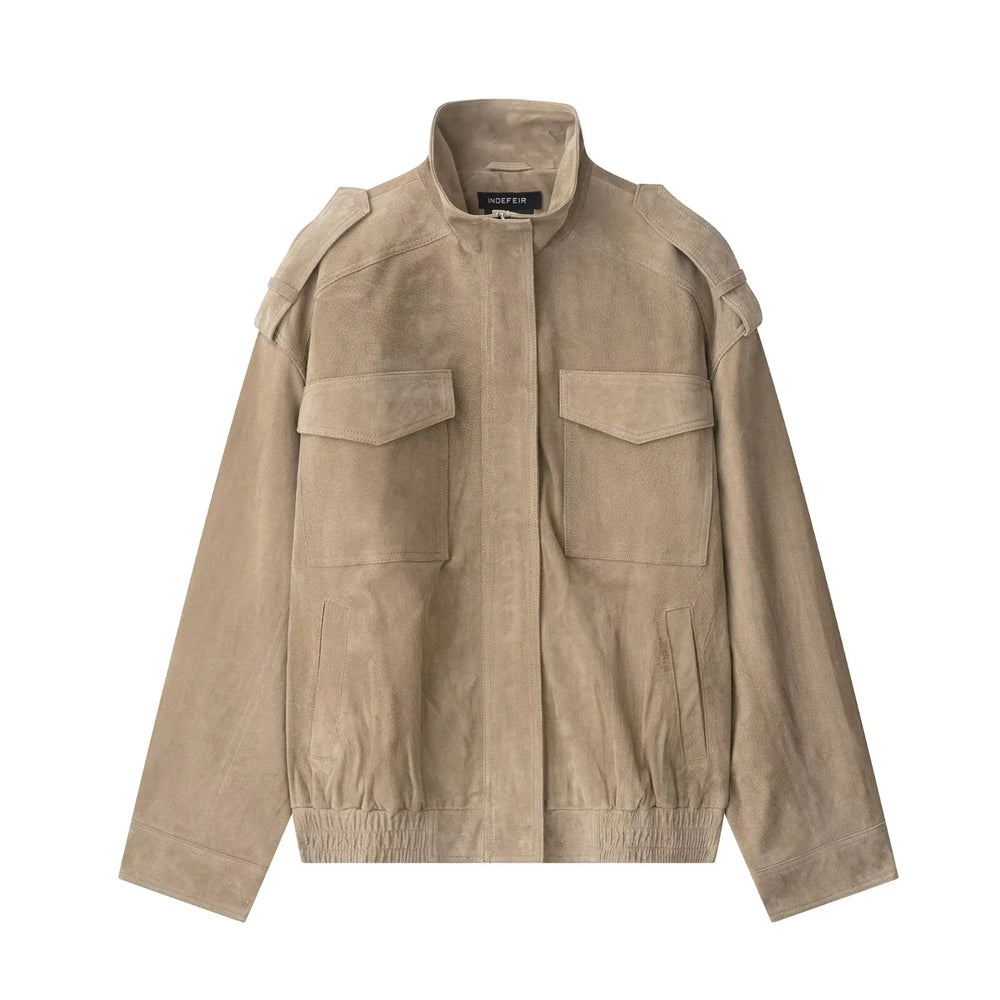 Stand collar suede bomber jacket flat lay