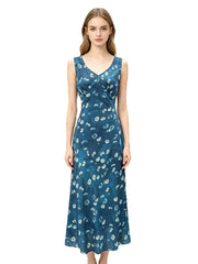 V-neck sleeveless maxi dress with daisy print on a model