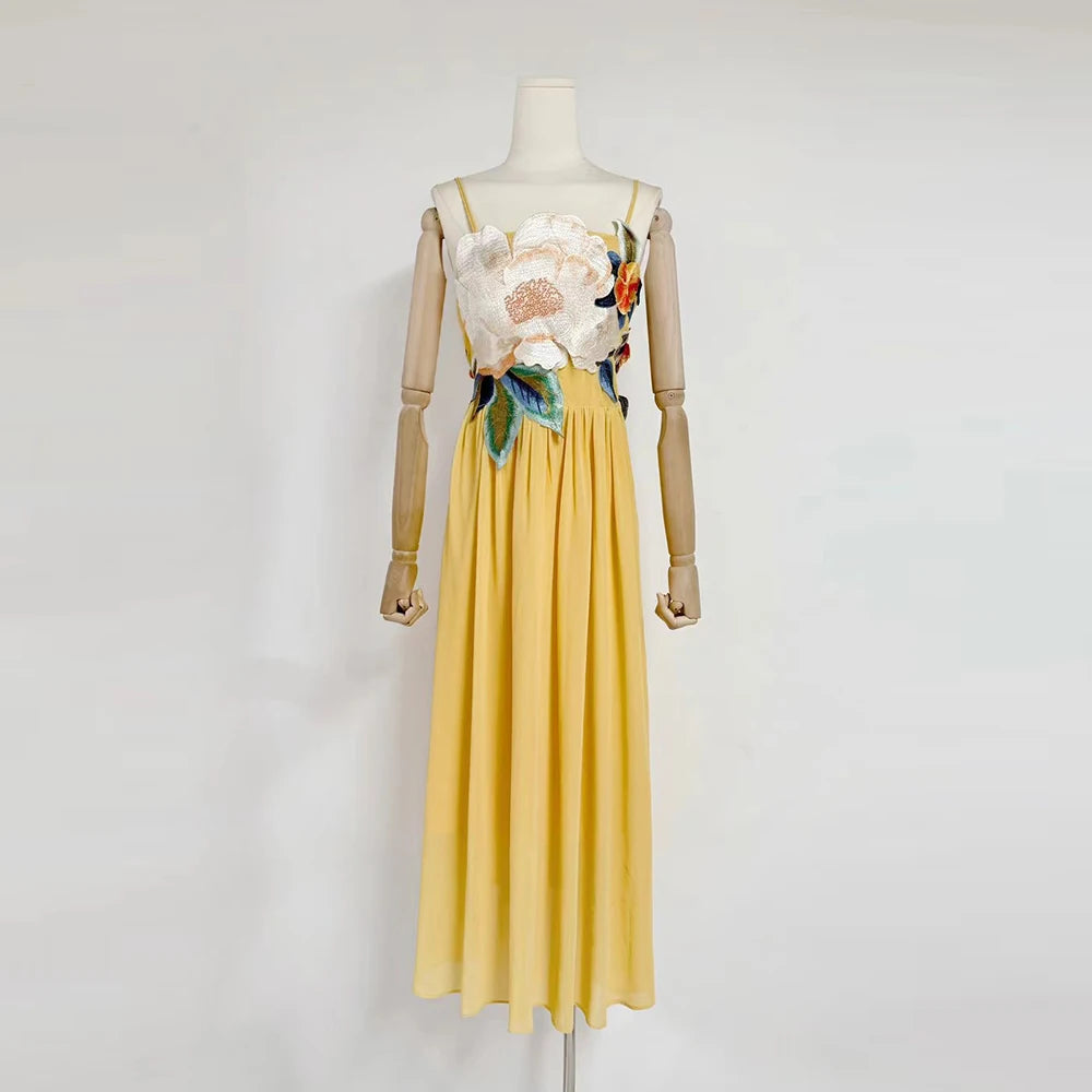 Mannequin wearing a yellow dress with floral top on a white background
