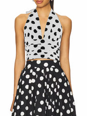 Polka Dot Halter Crop Top & High-Waist Midi Skirt Set