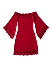 Off-Shoulder Bell Sleeve Lace Trim Mini Dress