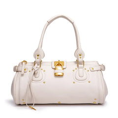 White studded lock top handle bag