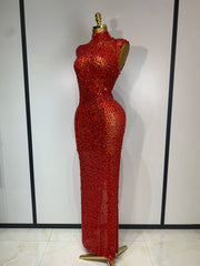 Rhinestone High Neck Sleeveless Dress