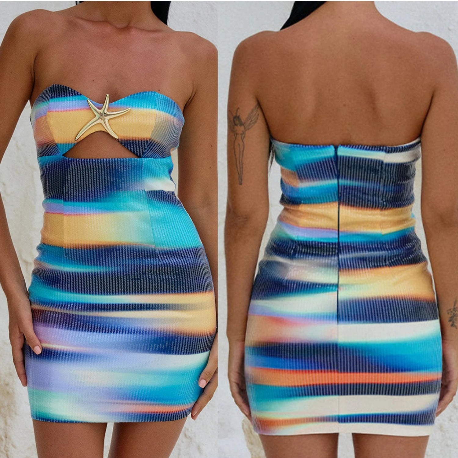 Multicolored strapless dress with starfish detail on a plain background
