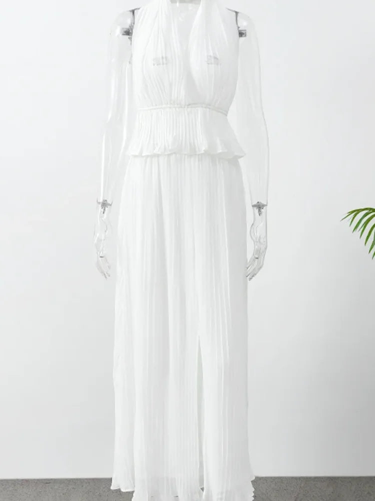 White dress with sheer overlay on a white background