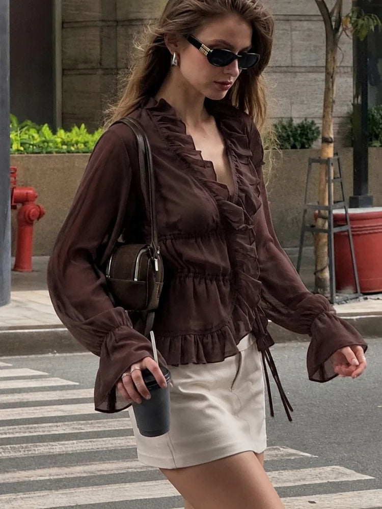 Ruffle V-Neck Long Sleeve Chiffon Blouse full view