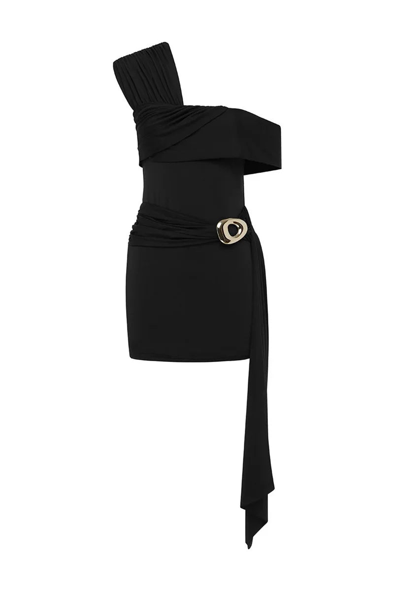 Black one-shoulder dress with a gold belt on a white background