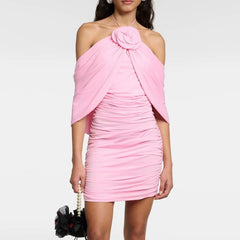 Pink ruched mini dress with floral detail