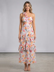 Floral Asymmetrical Cut-Out Ruffle Dress