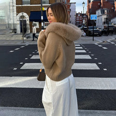 Hooded Faux Fur Trim Knit Jacket