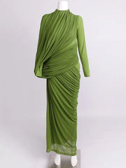Olive Draped High Neck Long Sleeve Maxi Dress