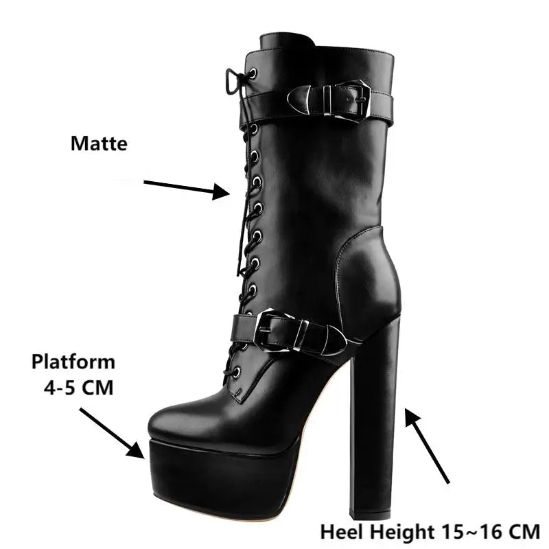Close-up of black matte platform ankle boots with detailed measurements
