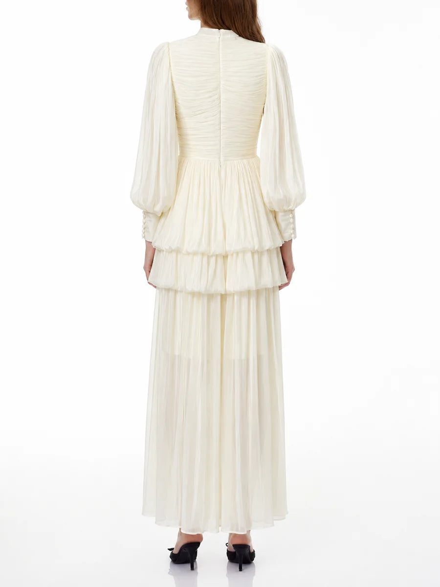 Stand collar lantern sleeve maxi dress back view